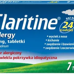 Opakowanie leku Claritine Allergy, 7 tabletek, na katar i pokrzywkę. Działa raz na 24 godziny.