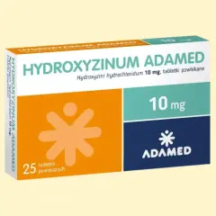 Opakowanie leku Hydroxyzinum Adamed 10 mg, zawierające 25 tabletek powlekanych.