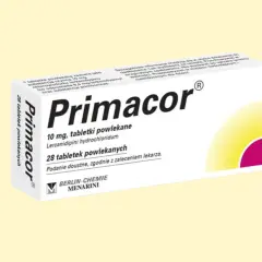 Opakowanie leku Primacor 10 mg, zawierające 28 tabletek powlekanych. Stosować doustnie zgodnie z zaleceniem lekarza.