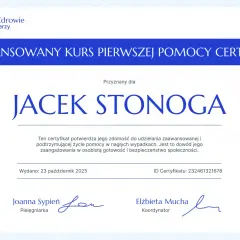 Certyfikat zaawansowanego kursu pierwszej pomocy dla Jacka Stonoga, wydany 23 października 2025.