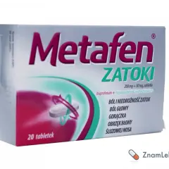 Opakowanie leku Metafen Zatoki, zawierające 20 tabletek, łagodzi ból i niedrożność zatok, ból głowy, gorączkę oraz obrzęk błony śluzowej nosa.