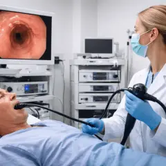 Lekarz wykonuje endoskopię przełyku u pacjenta. Na monitorze widoczny obraz wnętrza przewodu pokarmowego.