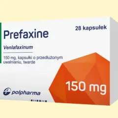Opakowanie leku Prefaxine 150 mg, zawierające 28 kapsułek o przedłużonym uwalnianiu.