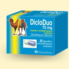 Opakowanie leku DicloDuo 75 mg z wielbłądem. Zawiera 30 kapsułek o zmodyfikowanym uwalnianiu.