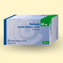 Opakowanie leku Dulsevia 60 mg, zawierające 28 kapsułek dojelitowych. Jest to lek z grupy SNRI, stosowany w leczeniu depresji i innych schorzeń.
