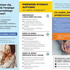 Plakat informuje o wczesnych sygnałach autyzmu u dzieci i dorosłych, zachęcając do szukania pomocy.