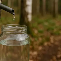 Kropla wody z brzozy spływa do słoika. Woda z brzozy na co? Na zdrowie i orzeźwienie prosto z lasu.