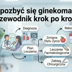 Ilustracja przedstawia proces leczenia ginekomastii: od konsultacji i diagnozy, przez zmianę stylu życia, leczenie farmakologiczne lub zabieg chirurgiczny, aż po rekonwalescencję i efekt końcowy.
