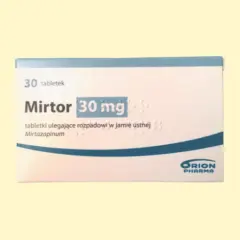 Opakowanie leku Mirtor 30 mg, zawierające 30 tabletek ulegających rozpadowi w jamie ustnej.