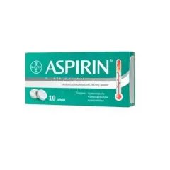 Opakowanie aspiryny 500 mg, 10 tabletek. Działa przeciwzapalnie, przeciwgorączkowo i przeciwbólowo.