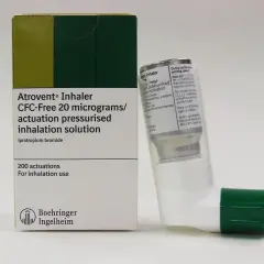 Opakowanie i inhalator Atrovent, lek na receptę, zawierają 200 dawek ipratropium bromku.