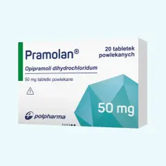 Opakowanie leku Pramolan na co pomaga, zawiera 20 tabletek 50 mg.