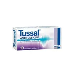 Opakowanie leku Tussal ANTITUSSICUM, zawierającego dekstrometorfan, na 10 tabletek powlekanych.