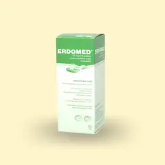 Pudełko leku Erdomed w proszku do zawiesiny doustnej. Zawiera 175 mg/5ml Erdosteiny.