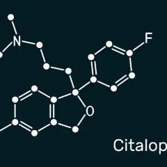 Struktura chemiczna citalopramu, substancji czynnej leku Lexapro, na ciemnym tle.