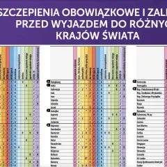 Tabela obowiązkowych i zalecanych szczepień przed podróżą do różnych krajów świata. Wymienione są choroby, na które zaleca się szczepienia, oraz kraje.