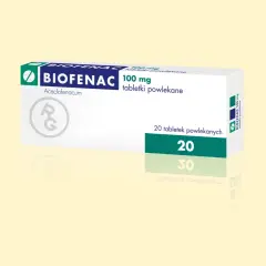 Opakowanie leku Biofenac 100 mg, zawierające 20 tabletek powlekanych. Aceclofenacum.