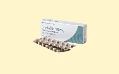 Opakowanie i blistry z tabletkami Brintellix 10 mg, leku zawierającego vortioxetynę, przeznaczonego do stosowania doustnego.