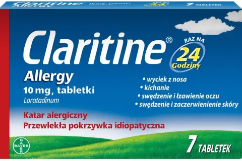 Opakowanie leku Claritine Allergy, 7 tabletek, na katar i pokrzywkę. Działa raz na 24 godziny.