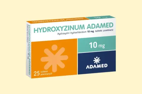 Opakowanie leku Hydroxyzinum Adamed 10 mg, zawierające 25 tabletek powlekanych.