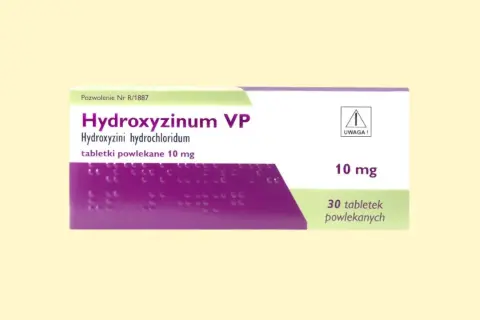 Opakowanie leku Hydroxyzinum VP, zawierające 30 tabletek powlekanych po 10 mg.