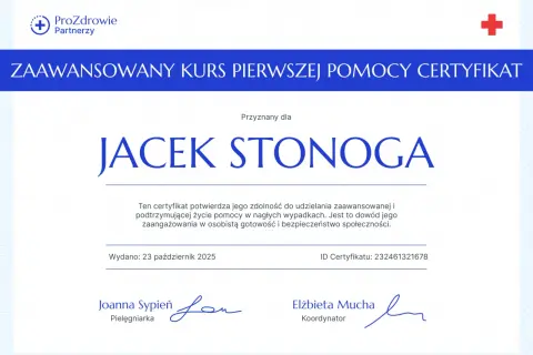 Certyfikat zaawansowanego kursu pierwszej pomocy dla Jacka Stonoga, wydany 23 października 2025.