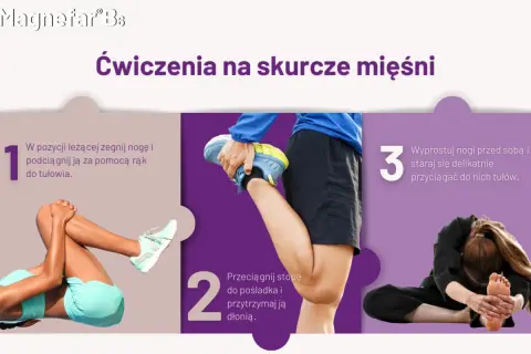 Ćwiczenia na skurcze mięśni: leżąc, podciągnij nogę do tułowia, przeciągnij stopę do pośladka, a potem wyprostuj nogi i przyciągnij tułów.
