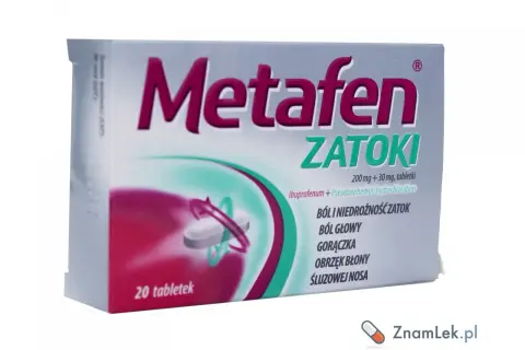 Opakowanie leku Metafen Zatoki, zawierające 20 tabletek, łagodzi ból i niedrożność zatok, ból głowy, gorączkę oraz obrzęk błony śluzowej nosa.