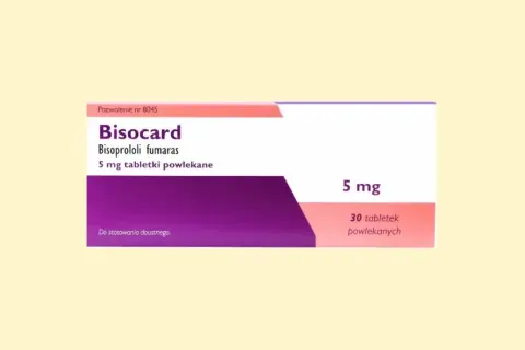 Opakowanie leku Bisocard 5 mg, zawierające 30 tabletek powlekanych bisoprololu fumaranu.