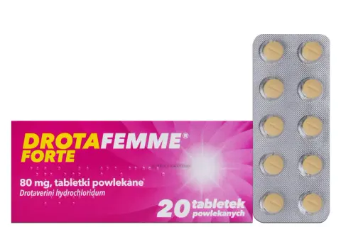 Drotafemme Forte, 80 mg, tabletki powlekane. Działa rozkurczowo, łagodząc bóle brzucha i dolegliwości związane z cyklem menstruacyjnym.