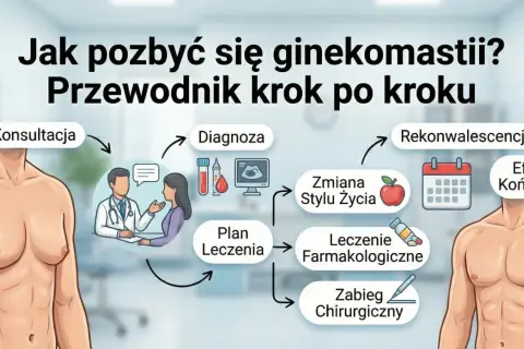 Ilustracja przedstawia proces leczenia ginekomastii: od konsultacji i diagnozy, przez zmianę stylu życia, leczenie farmakologiczne lub zabieg chirurgiczny, aż po rekonwalescencję i efekt końcowy.