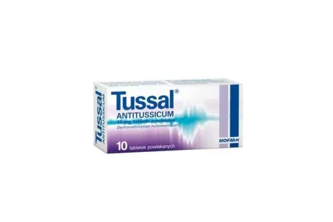 Opakowanie leku Tussal ANTITUSSICUM, zawierającego dekstrometorfan, na 10 tabletek powlekanych.