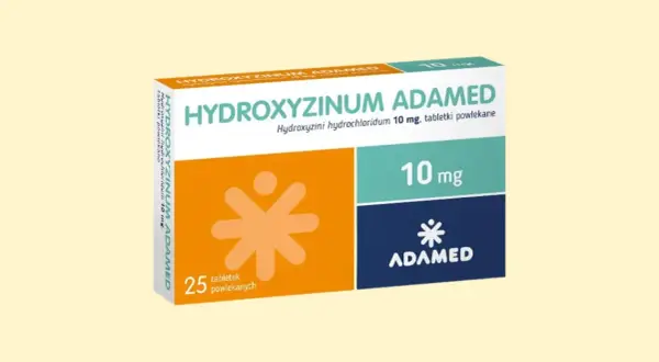 Opakowanie leku Hydroxyzinum Adamed 10 mg, zawierające 25 tabletek powlekanych.