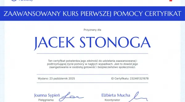 Certyfikat zaawansowanego kursu pierwszej pomocy dla Jacka Stonoga, wydany 23 października 2025.