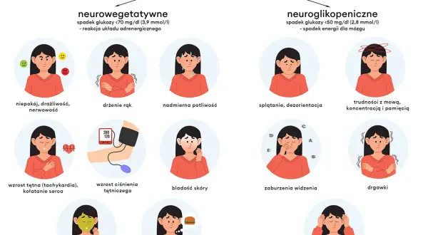 Objawy hipoglikemii reaktywnej: niepokój, drżenie rąk, poty, splątanie, trudności z mową, zaburzenia widzenia, nudności, głód, utrata przytomności.