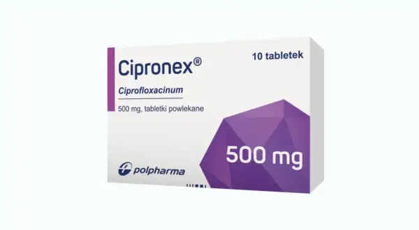Opakowanie leku Cipronex 500 mg, zawierające 10 tabletek powlekanych.