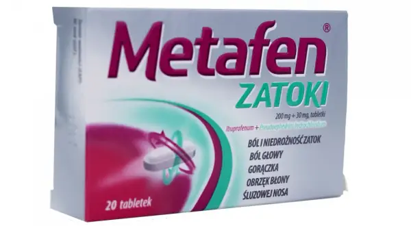 Opakowanie leku Metafen Zatoki, zawierające 20 tabletek, łagodzi ból i niedrożność zatok, ból głowy, gorączkę oraz obrzęk błony śluzowej nosa.