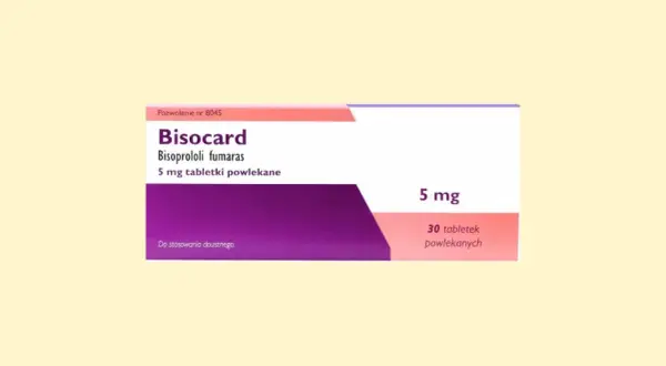Opakowanie leku Bisocard 5 mg, zawierające 30 tabletek powlekanych bisoprololu fumaranu.