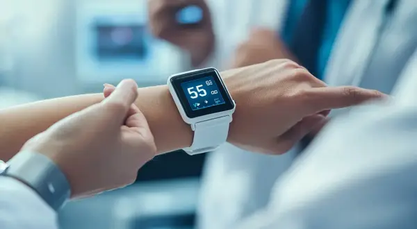 Biały smartwatch na nadgarstku pokazuje 55 uderzeń na minutę, co oznacza puls norma.