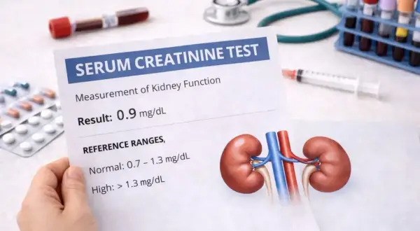 Wynik badania kreatyniny w moczu 0.9 mg/dL, wskazujący na prawidłową funkcję nerek. Obok wyniki badań, leki i stetoskop.