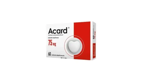 Opakowanie Acardu 75 mg, 60 tabletek. Lek ten jest często stosowany przez kobiety w ciąży, aby zapobiegać powikłaniom.