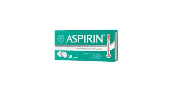 Opakowanie aspiryny 500 mg, 10 tabletek. Działa przeciwzapalnie, przeciwgorączkowo i przeciwbólowo.