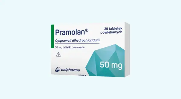 Opakowanie leku Pramolan na co pomaga, zawiera 20 tabletek 50 mg.