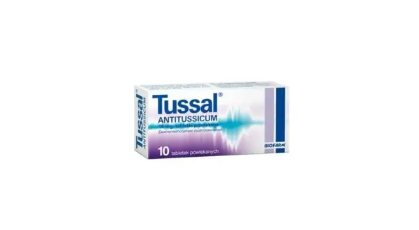 Opakowanie leku Tussal ANTITUSSICUM, zawierającego dekstrometorfan, na 10 tabletek powlekanych.
