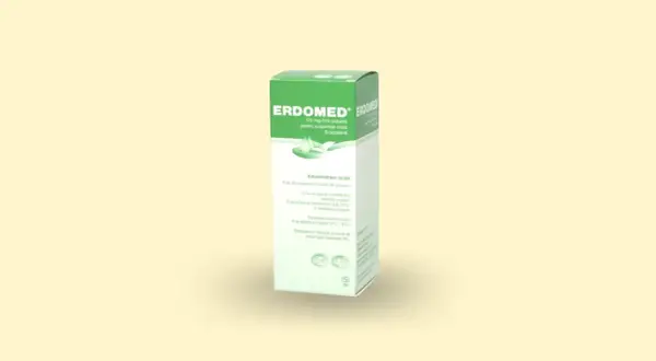 Pudełko leku Erdomed w proszku do zawiesiny doustnej. Zawiera 175 mg/5ml Erdosteiny.