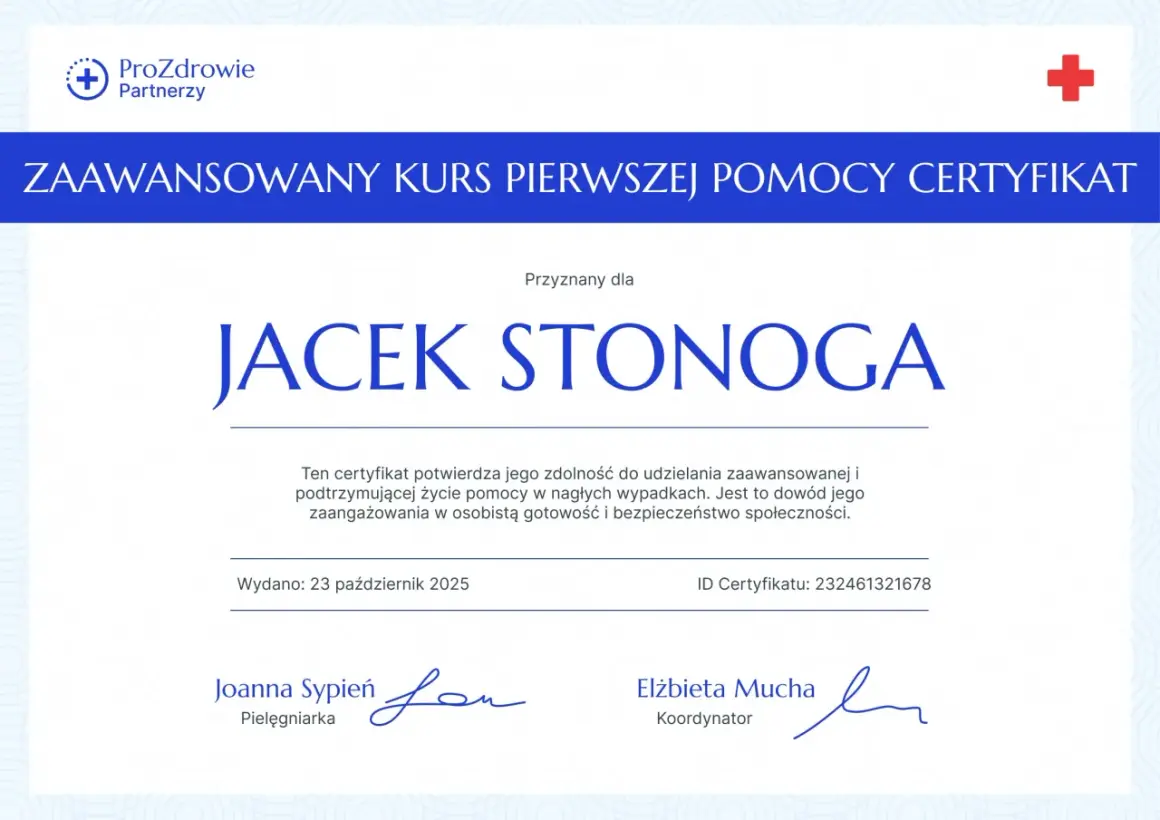 Certyfikat zaawansowanego kursu pierwszej pomocy dla Jacka Stonoga, wydany 23 października 2025.