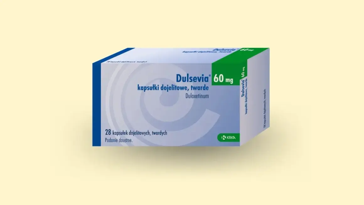 Opakowanie leku Dulsevia 60 mg, zawierające 28 kapsułek dojelitowych. Jest to lek z grupy SNRI, stosowany w leczeniu depresji i innych schorzeń.