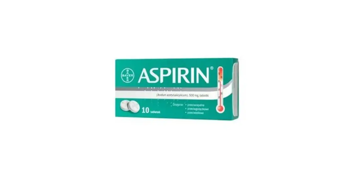 Opakowanie aspiryny 500 mg, 10 tabletek. Działa przeciwzapalnie, przeciwgorączkowo i przeciwbólowo.
