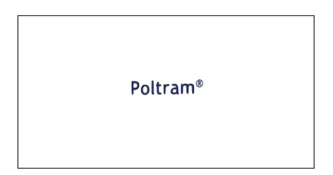 Niebieski napis Poltram® na białym tle.