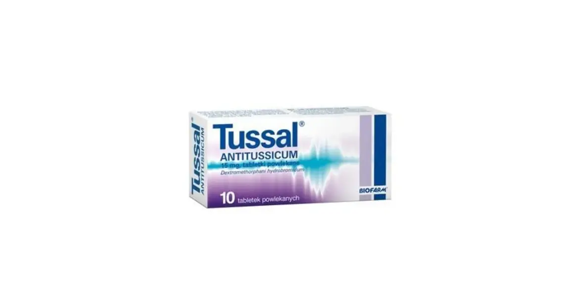 Opakowanie leku Tussal ANTITUSSICUM, zawierającego dekstrometorfan, na 10 tabletek powlekanych.